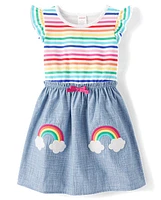 Girls Embroidered Rainbow Flutter Dress - Little Essentials