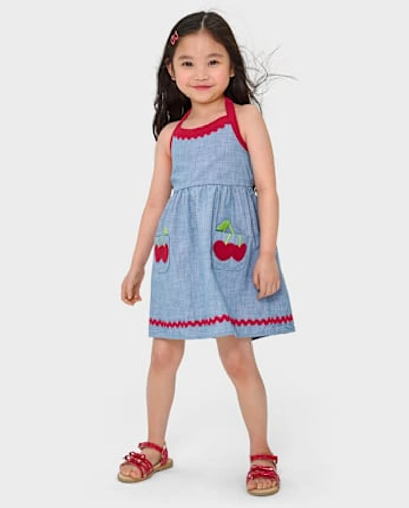 Girls Embroidered Cherry Halter Dress - Sweet Summer