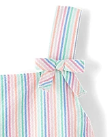 Girls Embroidered Flamingo Seersucker Tiered Dress - Seaside Palms
