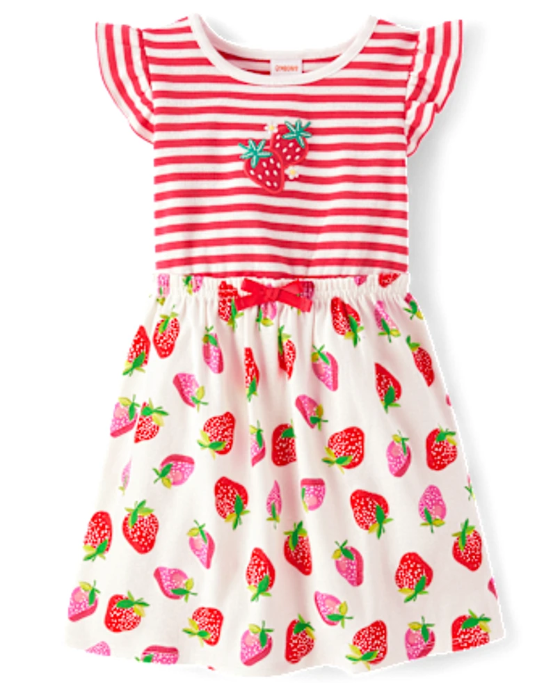 Girls Embroidered Strawberry Flutter Dress - Little Essentials