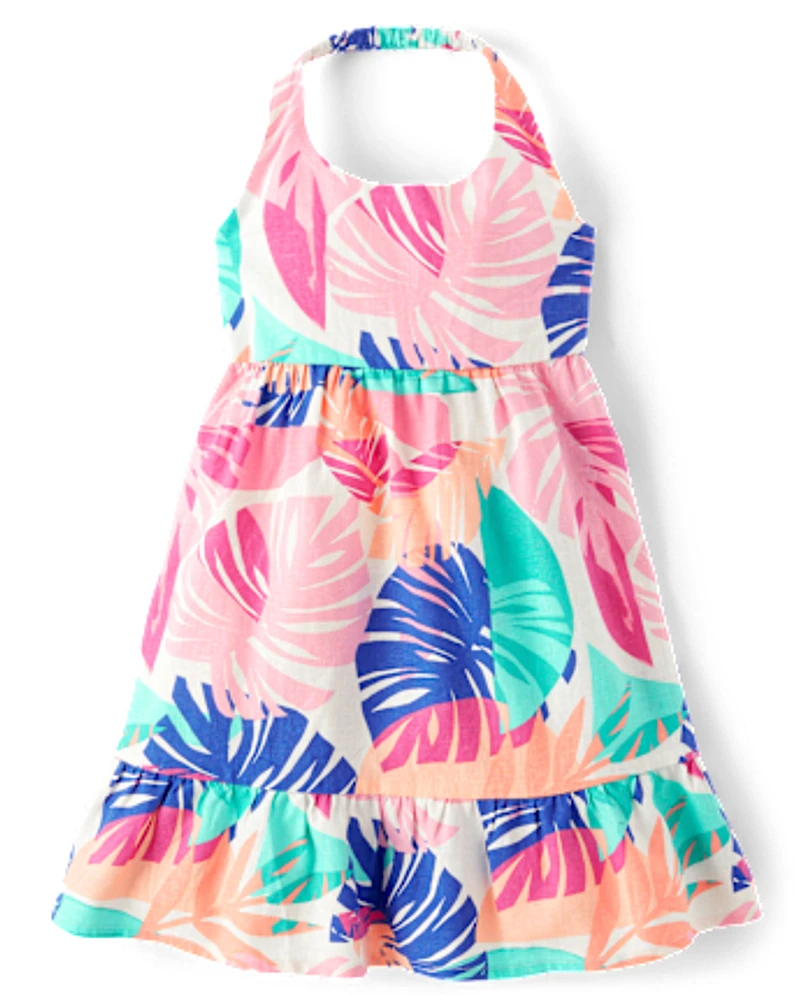 Girls Palm Linen-Blend Halter Dress - Seaside Palms