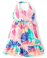 Girls Palm Linen-Blend Halter Dress - Seaside Palms
