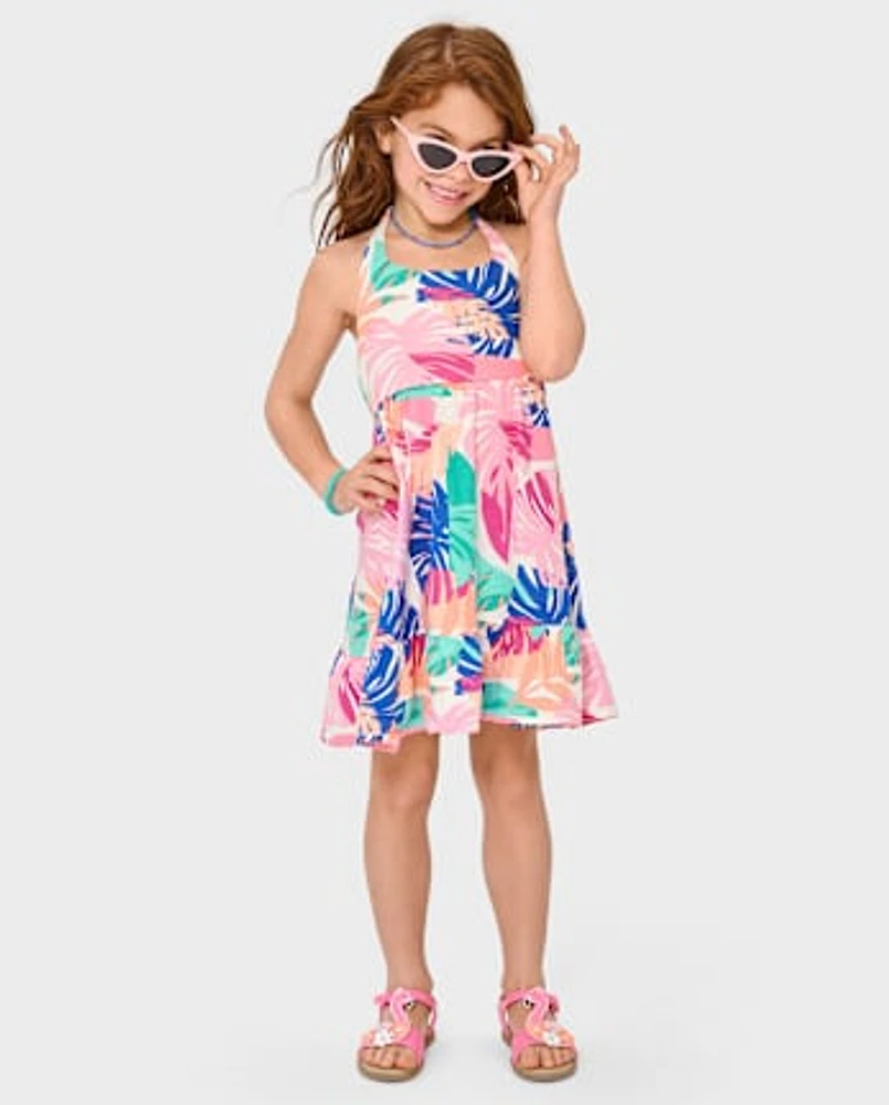Girls Palm Linen-Blend Halter Dress - Seaside Palms