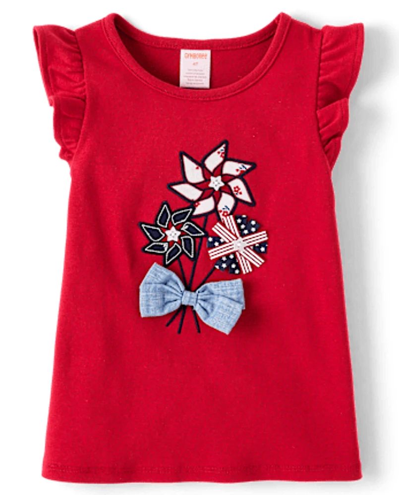 Girls Embroidered Graphic Ruffle Top - American Cutie