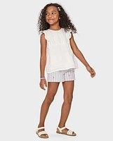 Girls Embroidered Flamingo Seersucker Pull On Shorts - Seaside Palms