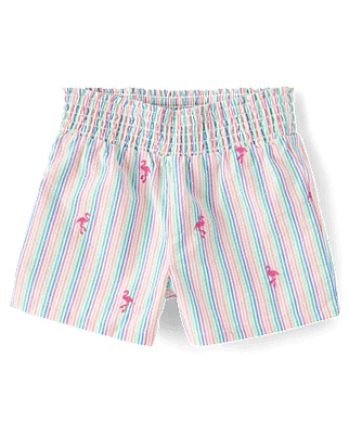 Girls Embroidered Flamingo Seersucker Pull On Shorts - Seaside Palms