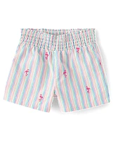 Girls Embroidered Flamingo Seersucker Pull On Shorts - Seaside Palms