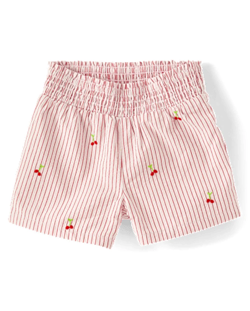 Girls Embroidered Cherry Seersucker Pull On Shorts - Sweet Summer