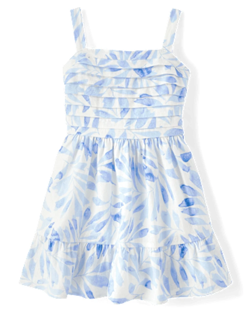 Girls Mommy And Me Palm Linen-Blend Ruffle Dress