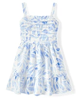 Girls Mommy And Me Palm Linen-Blend Ruffle Dress