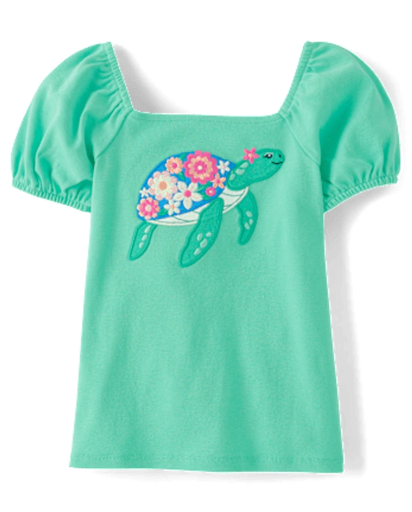 Girls Embroidered Turtle Top - Seaside Palms