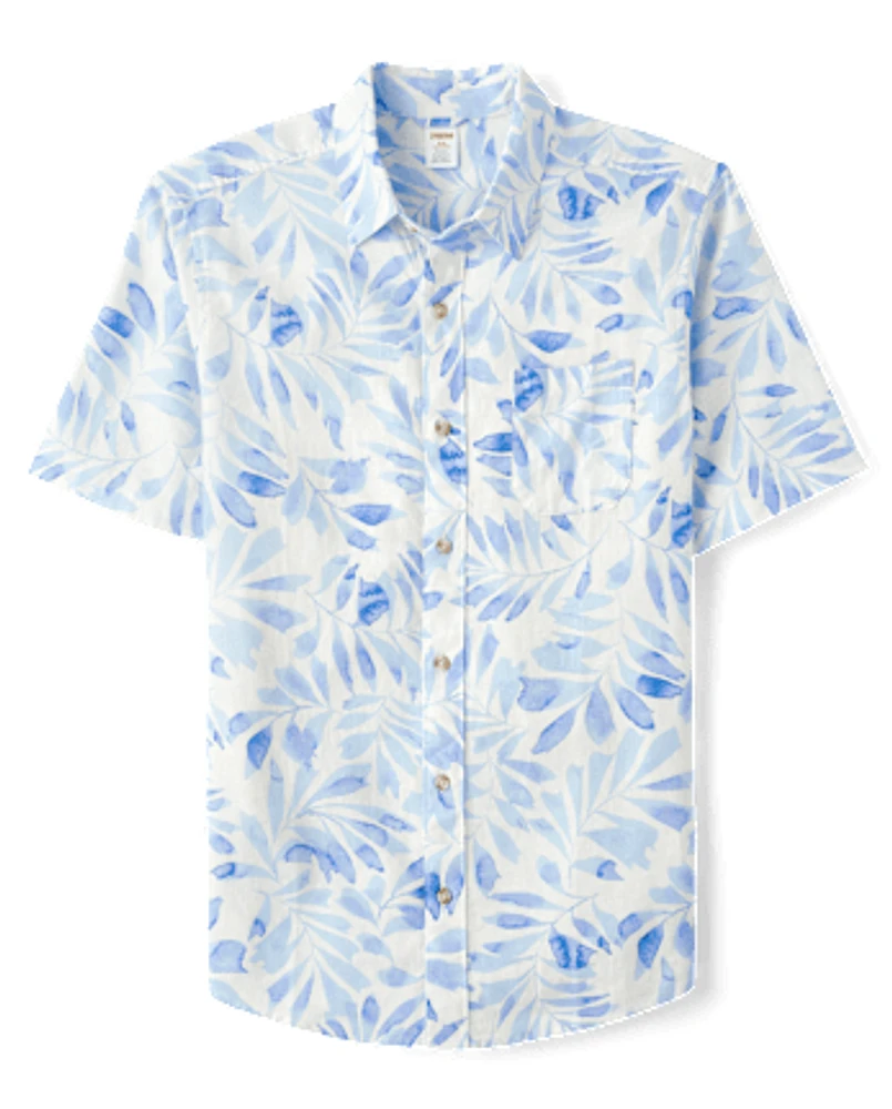 Mens Dad And Me Palm Linen-Blend Button Up Shirt