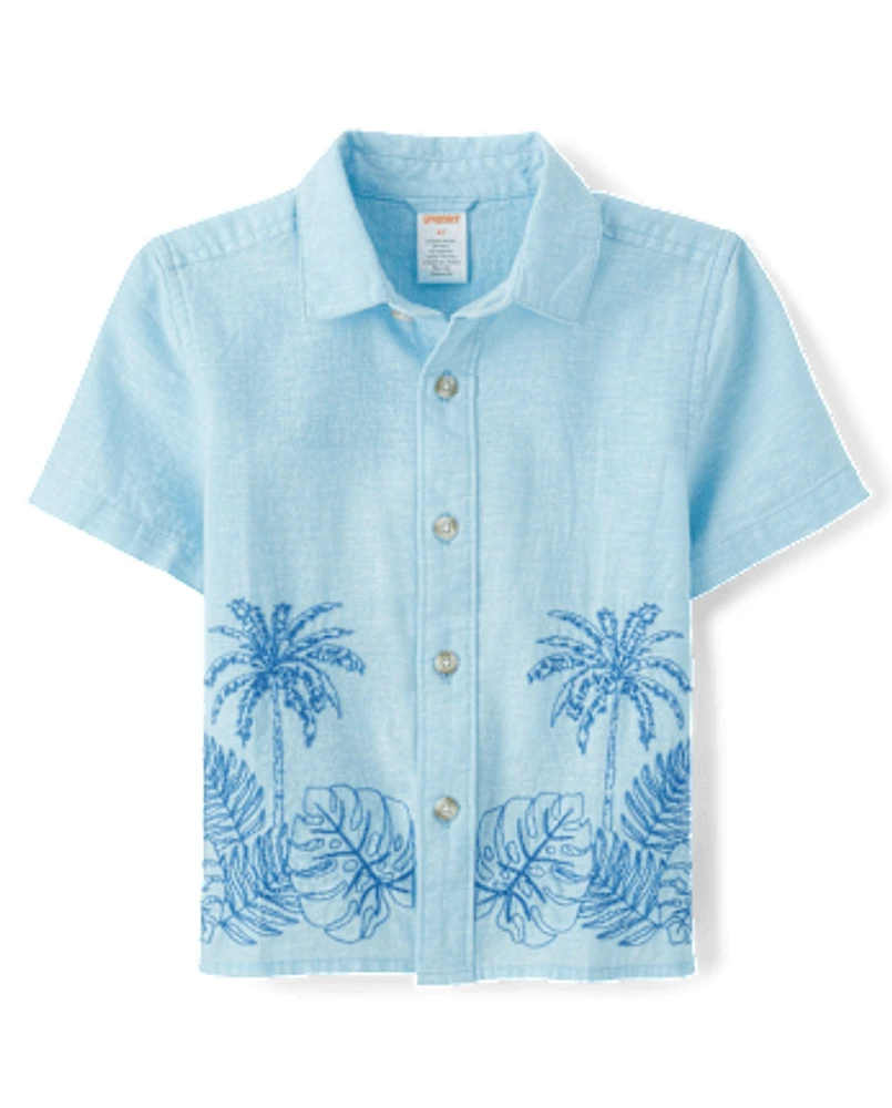 Kids Embroidered Linen-Blend Button Up Shirt