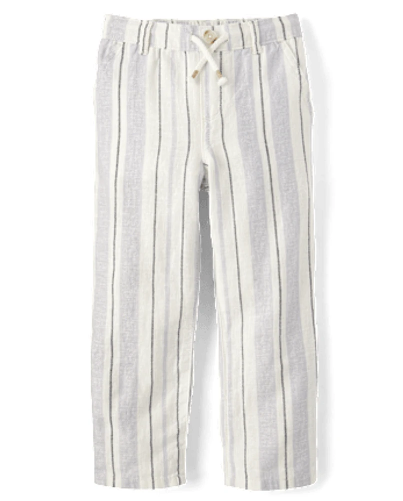 Kids Striped Roll Cuff Linen-Blend Pull On Pants