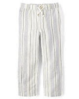 Kids Striped Roll Cuff Linen-Blend Pull On Pants