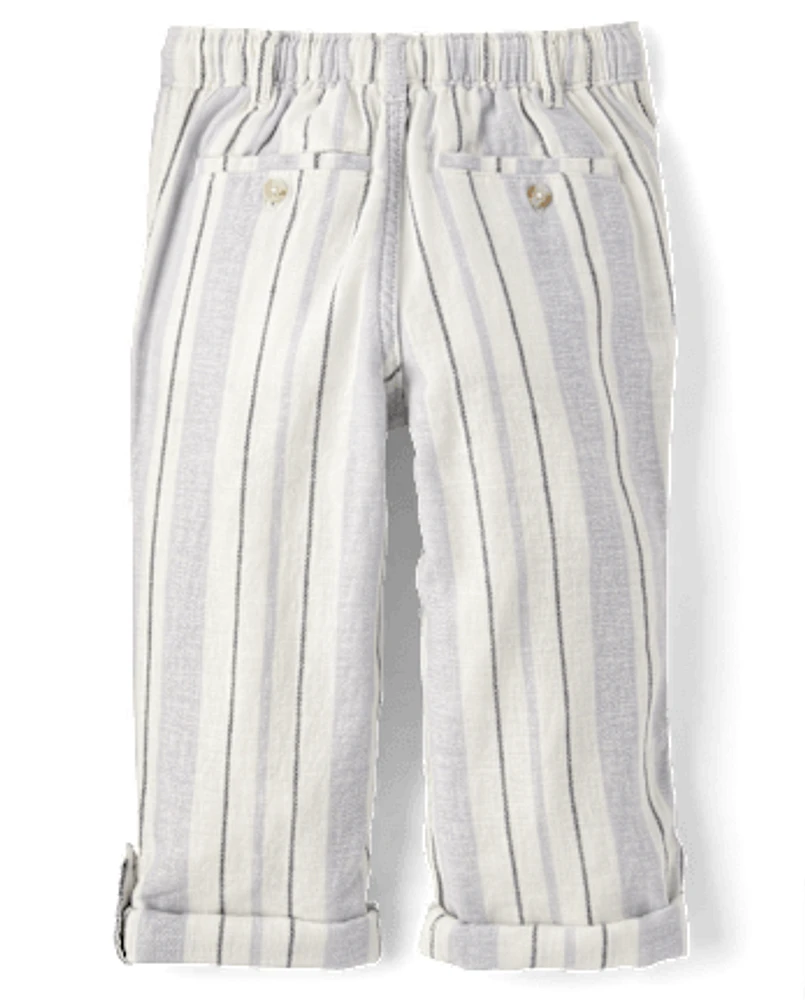 Kids Striped Roll Cuff Linen-Blend Pull On Pants