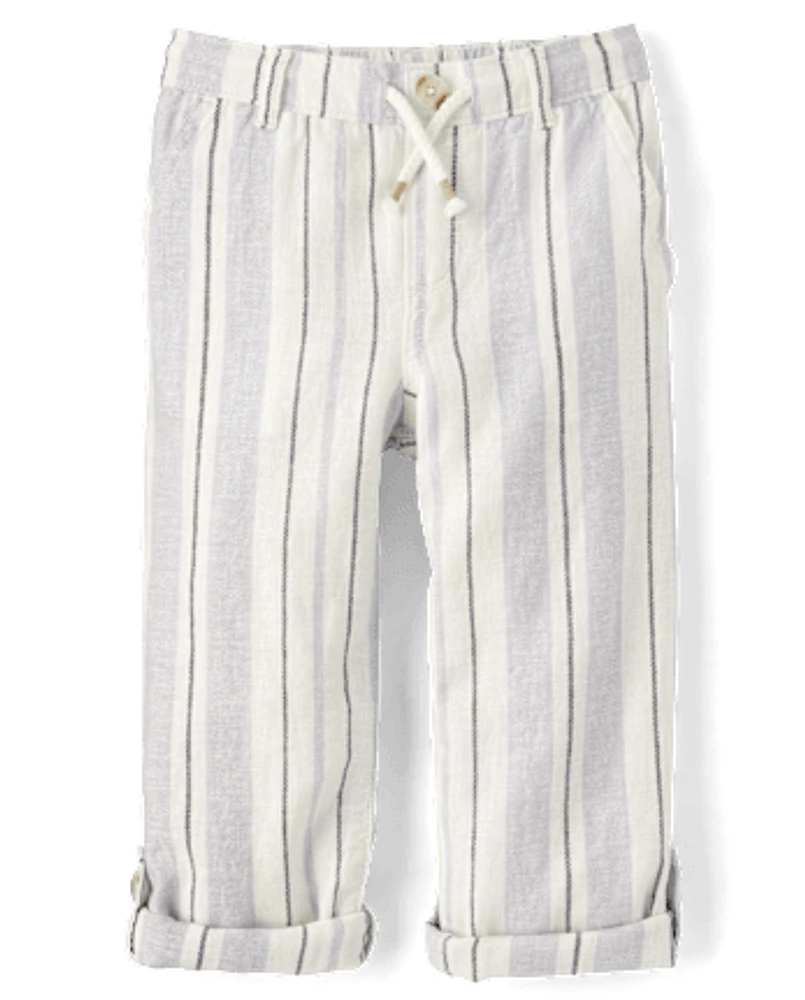 Kids Striped Roll Cuff Linen-Blend Pull On Pants