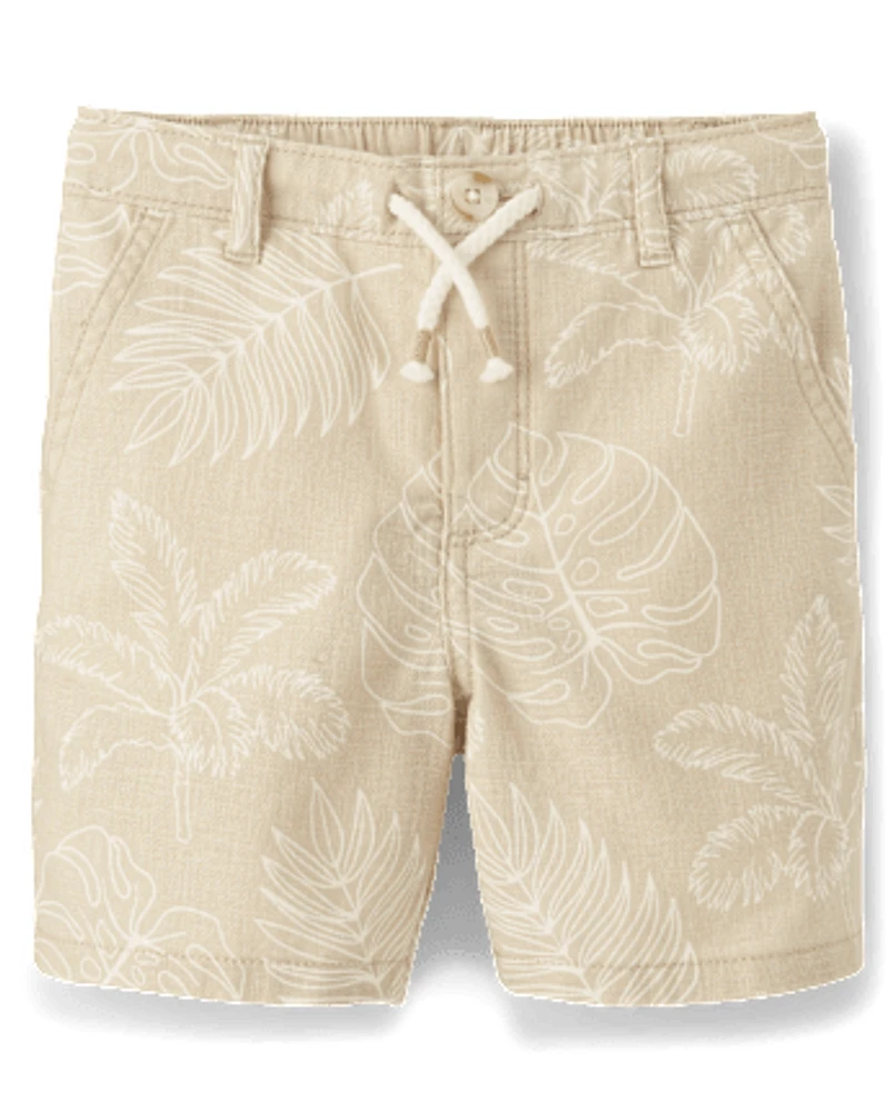 Kids Tropical Leaf Linen-Blend Pull-On Shorts