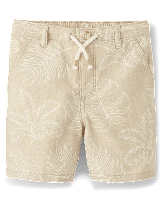 Kids Tropical Leaf Linen-Blend Pull-On Shorts