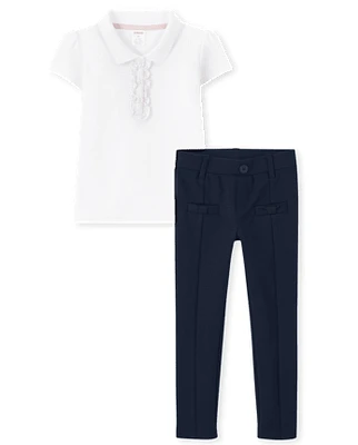 Girls Stain Resistant Polo And Ponte Jeggings 2-Piece Outfit Set - Uniform