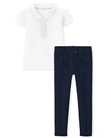 Girls Stain Resistant Polo And Ponte Jeggings 2-Piece Outfit Set - Uniform