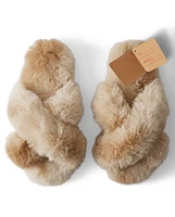 Womens Faux Fur Criss Cross Slippers