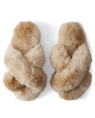 Womens Faux Fur Criss Cross Slippers