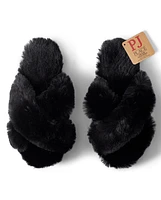 Womens Faux Fur Criss Cross Slippers