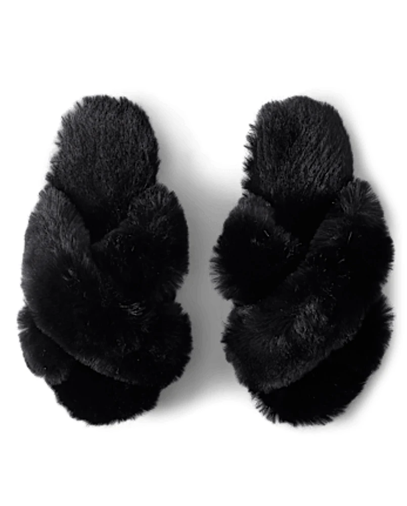 Womens Faux Fur Criss Cross Slippers