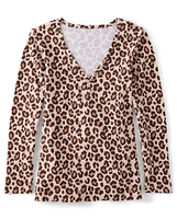 Womens Leopard Thermal Henley Pajama Top