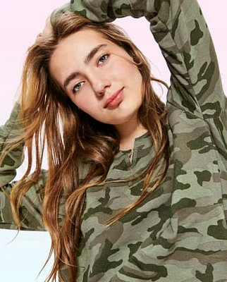 Tween Girls Camo Cozy Split Neck Top