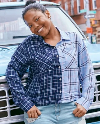 Tween Girls Cropped Colorblock Plaid Shirt