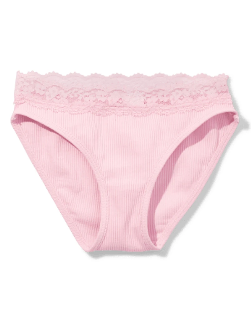 Tween Girls Ribbed Lace Trim Bikini Underwear