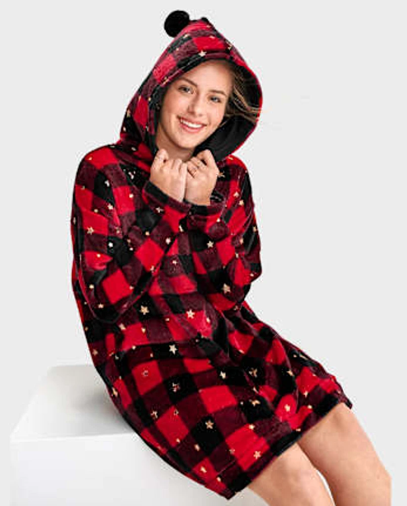 Tween Girls Star Buffalo Plaid Fleece Hoodie Nightgown