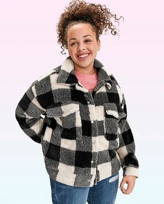 Tween Girls Buffalo Plaid Sherpa Oversized Shacket