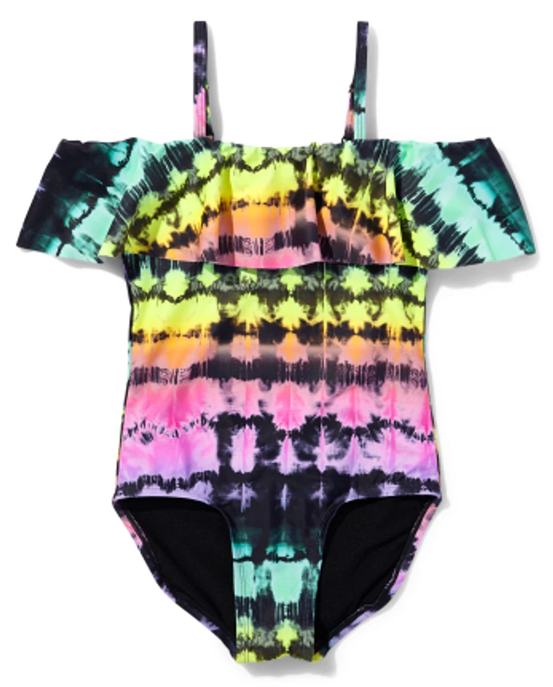 Tween Girls Tie Dye Off The Shoulder One Piece Swimsuit