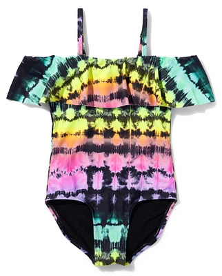 Tween Girls Tie Dye Off The Shoulder One Piece Swimsuit