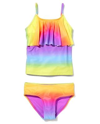 Tween Girls Ombre Rainbow Ruffle Tankini Swimsuit