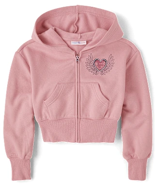 Tween Girls Heart Fleece Cropped Zip Up Hoodie