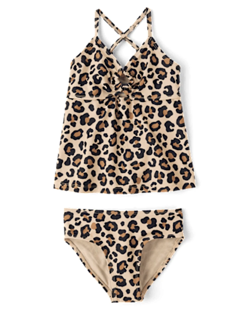 Tween Girls Leopard Cut Out Tankini Swimsuit