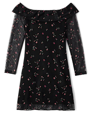 Tween Girls Floral Mesh Off-Shoulder Dress