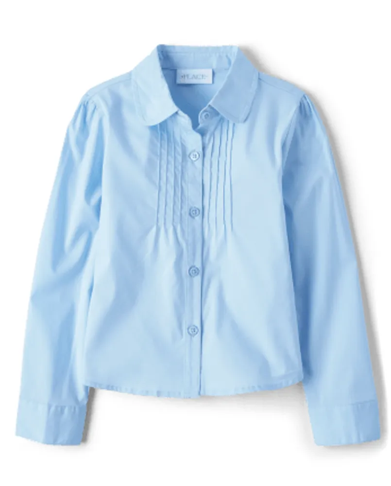 Girls Uniform Pintuck Poplin Button Up Shirt