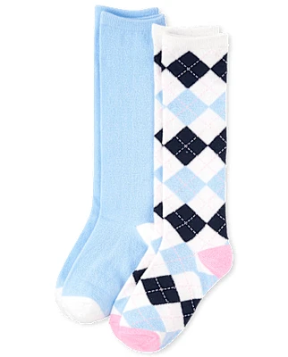 Girls Argyle Knee Socks 2-Pack