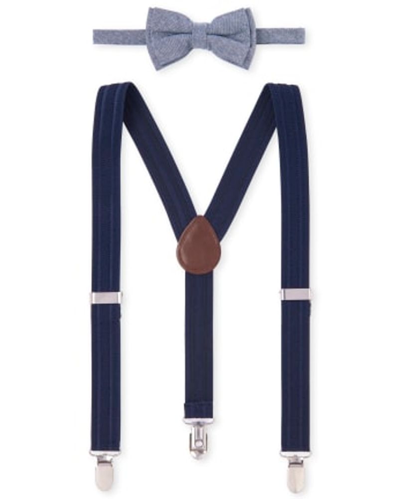 Boys Chambray Matching Bow Tie And Suspenders Set