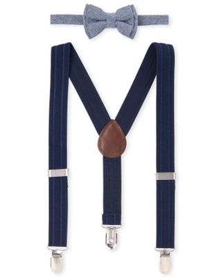Toddler Boys Chambray Matching Bow Tie And Suspenders Set