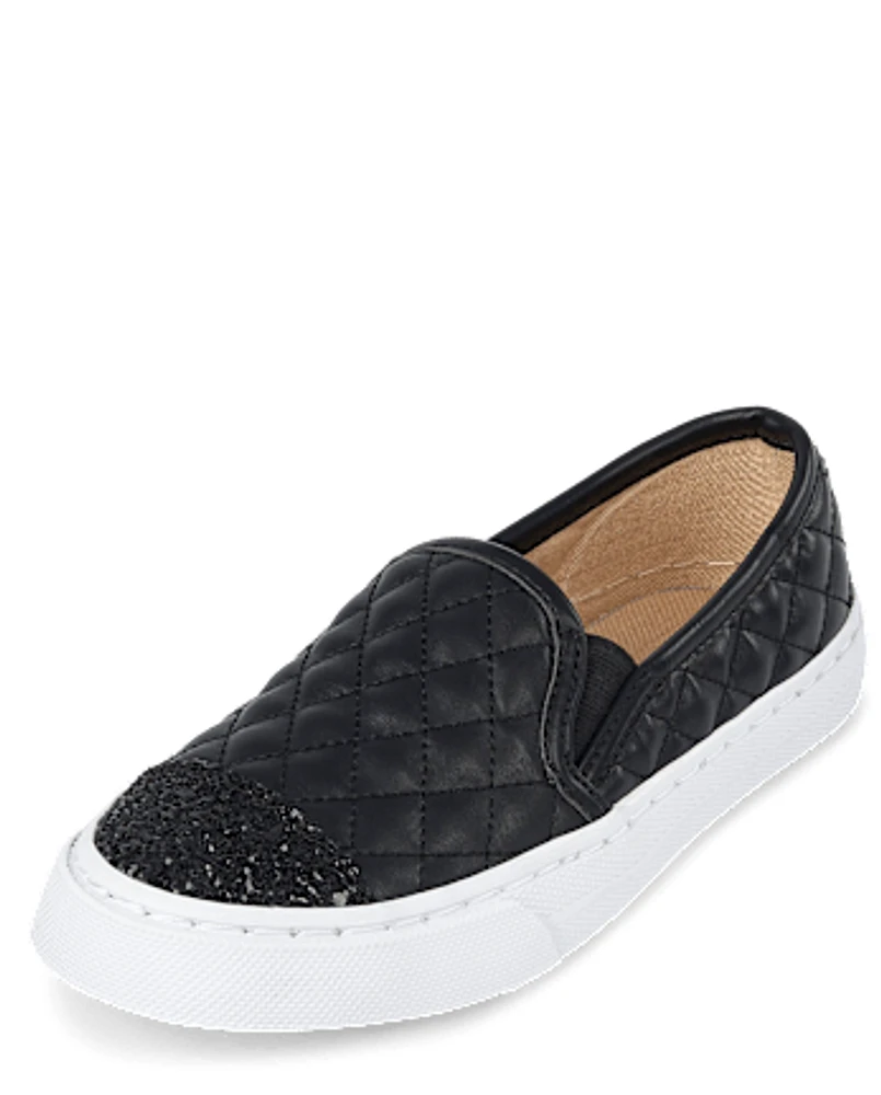 Girls Glitter Quilted Slip On Sneakers