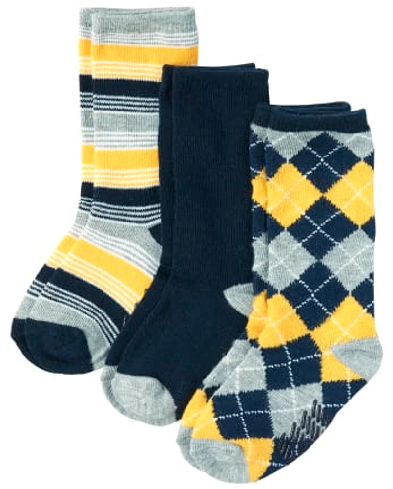 Lot de 3 paires chaussettes mi-mollet rayées et losanges pour bébé tout-petit garçon