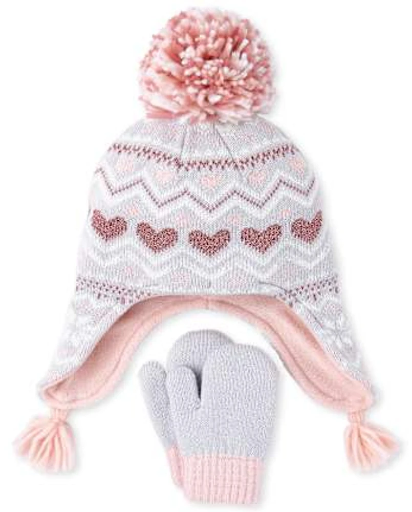 Toddler Girls Fairisle Heart Hat And Mittens Set