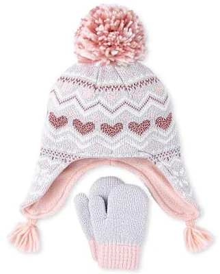 Toddler Girls Fairisle Heart Hat And Mittens Set