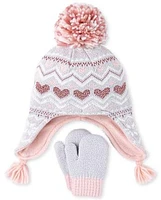 Toddler Girls Fairisle Heart Hat And Mittens Set